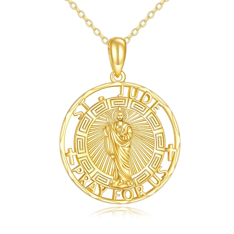 14K Real Gold Patron Saint Necklace Religious Protection Pendant 14K Solid Gold Jewelry Gifts for Men Women