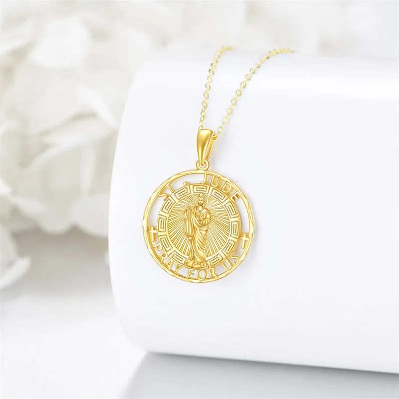 14K Real Gold Patron Saint Necklace Religious Protection Pendant 14K Solid Gold Jewelry Gifts for Men Women