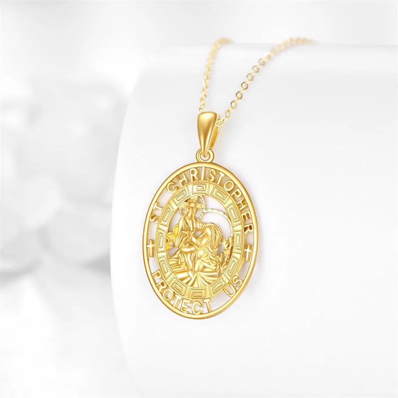 14K Real Gold Patron Saint Necklace Religious Protection Pendant 14K Solid Gold Jewelry Gifts for Men Women