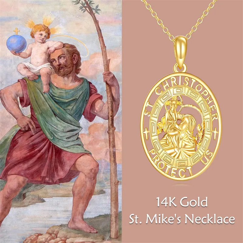 14K Real Gold Patron Saint Necklace Religious Protection Pendant 14K Solid Gold Jewelry Gifts for Men Women