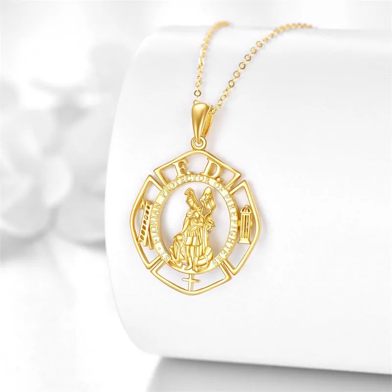 14K Real Gold Patron Saint Necklace Religious Protection Pendant 14K Solid Gold Jewelry Gifts for Men Women