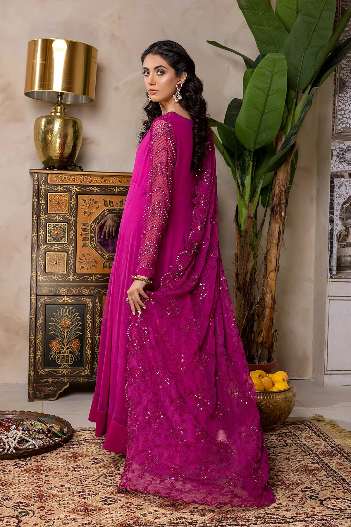 3-Pc Embroidered Long Maxi With Chiffon Dupatta and Raw Silk Trouser CMA22-49