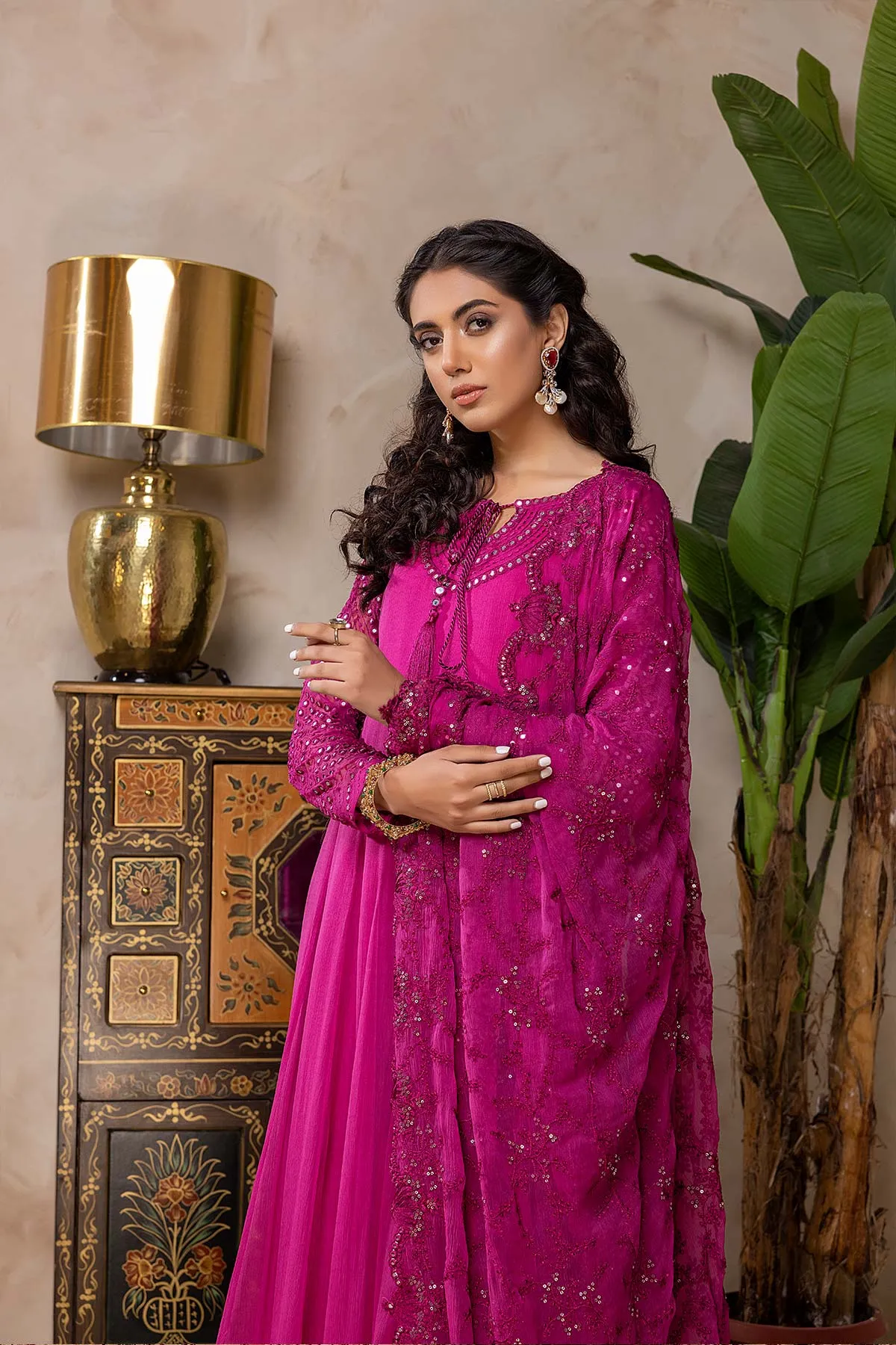 3-Pc Embroidered Long Maxi With Chiffon Dupatta and Raw Silk Trouser CMA22-49