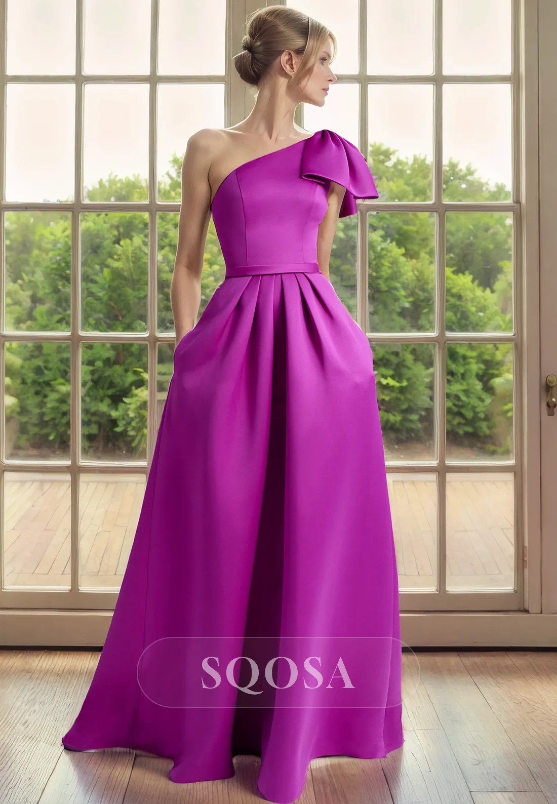 A Line One Shoulder Satin Simple Mother of the Bride Dress with Pockest Elegant Cocktail Dress