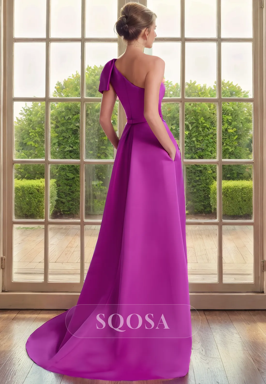 A Line One Shoulder Satin Simple Mother of the Bride Dress with Pockest Elegant Cocktail Dress