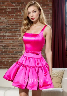 A Line Scoop Satin Fuchsia Simple Homecoming Dress Short Graduation Dress