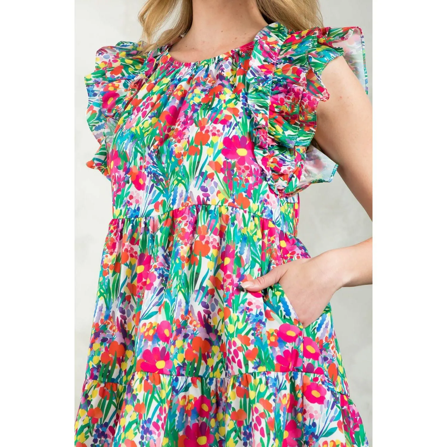 Aretha Flutter Sleeve Floral Midi THML Dress