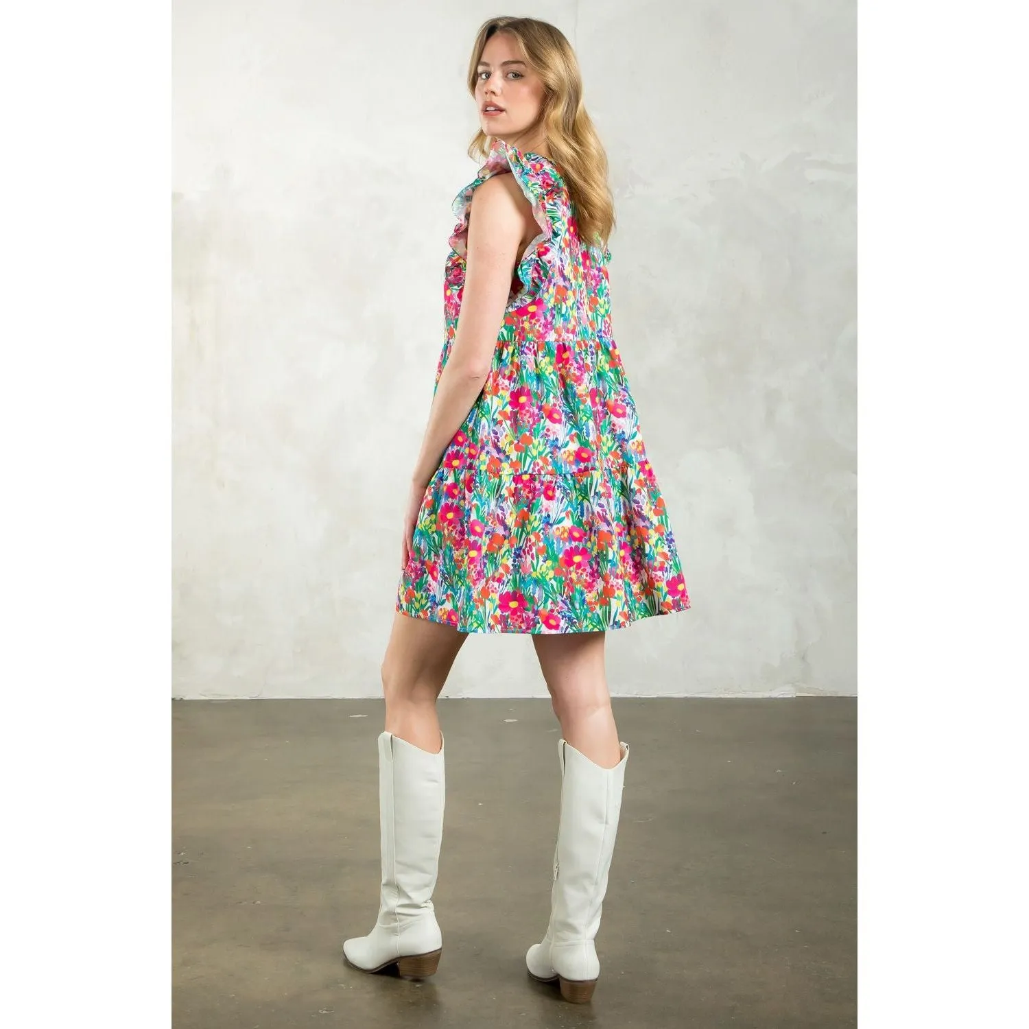 Aretha Flutter Sleeve Floral Midi THML Dress