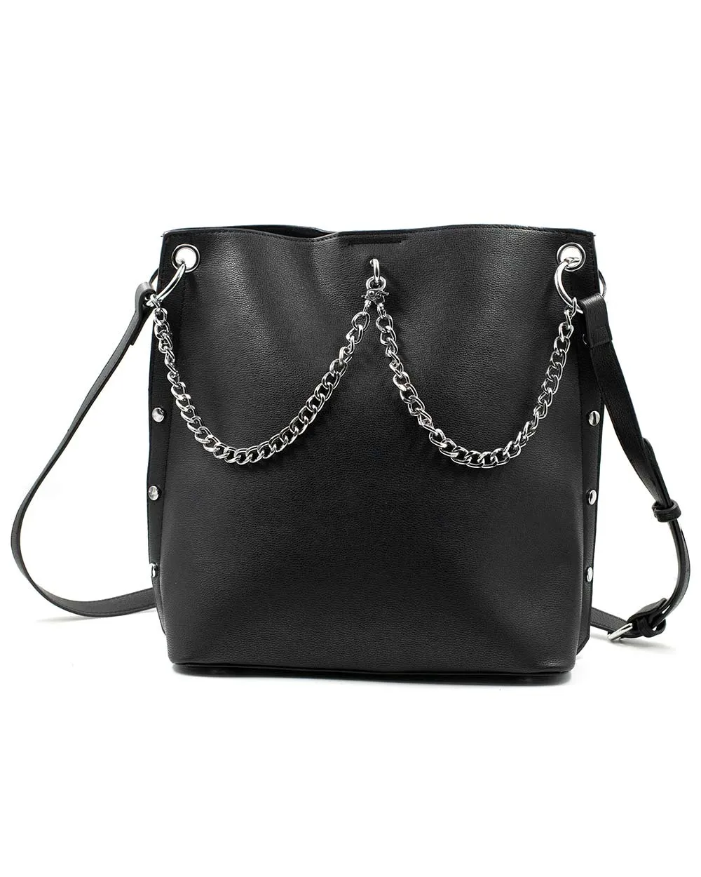 Bag - Tote Bag W/ Double Chain Detail & Pressed Sides Black Sv