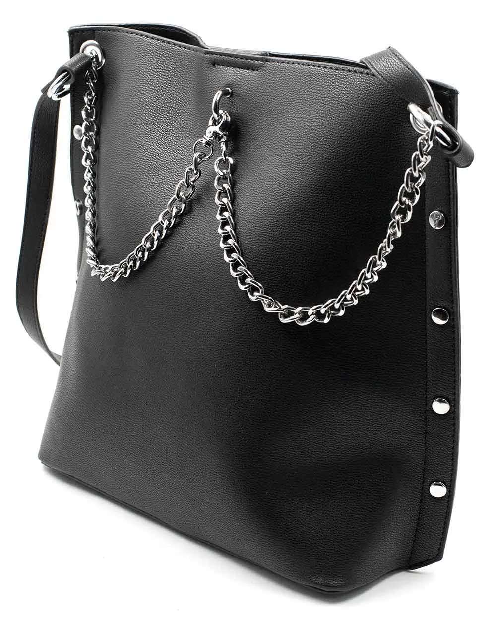 Bag - Tote Bag W/ Double Chain Detail & Pressed Sides Black Sv