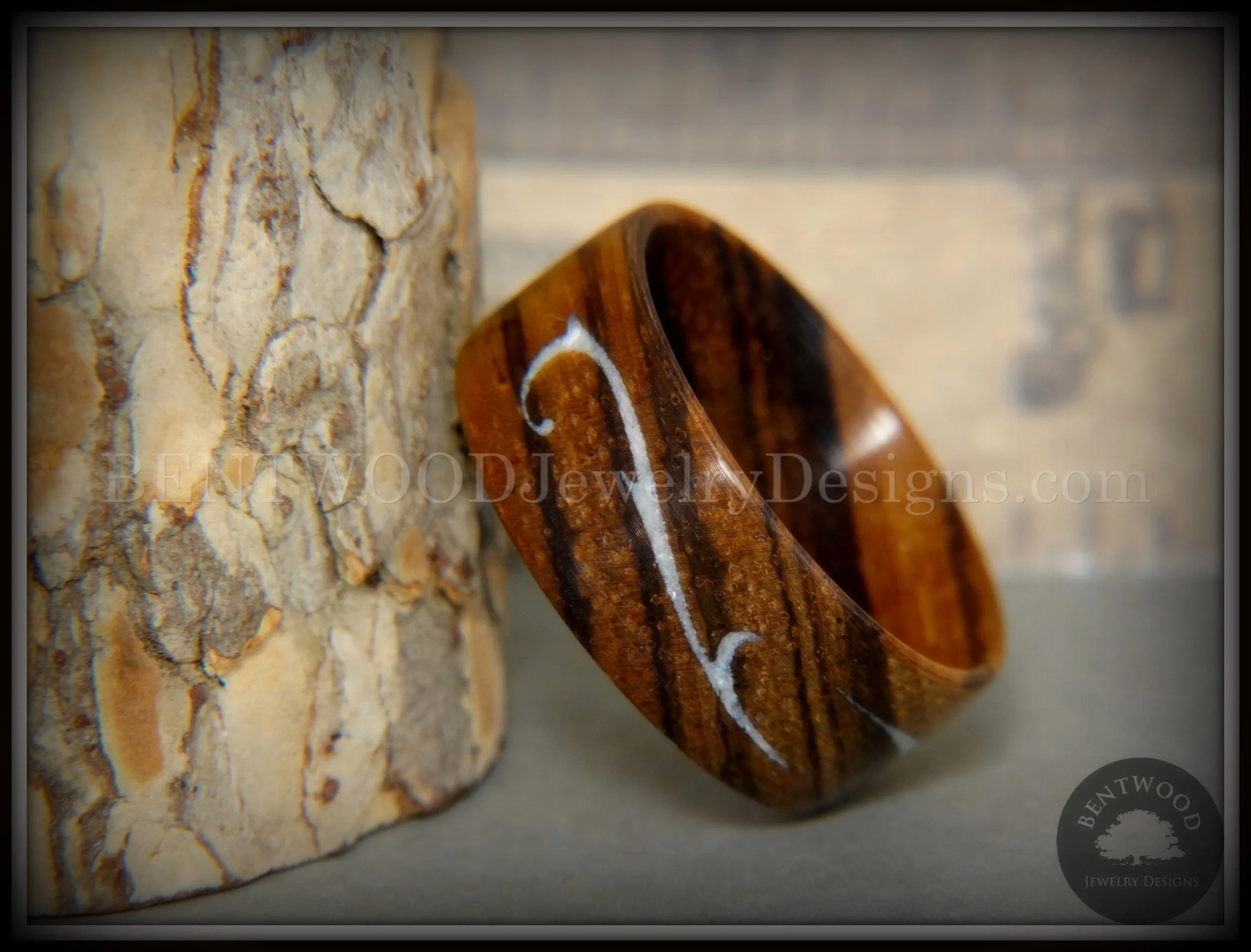 Bentwood Ring - Scroll Zebrawood Ring with Mother of Pearl Inlay