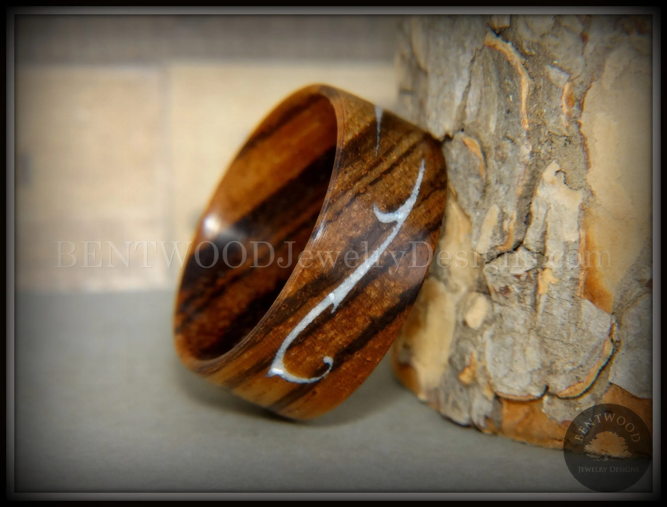 Bentwood Ring - Scroll Zebrawood Ring with Mother of Pearl Inlay