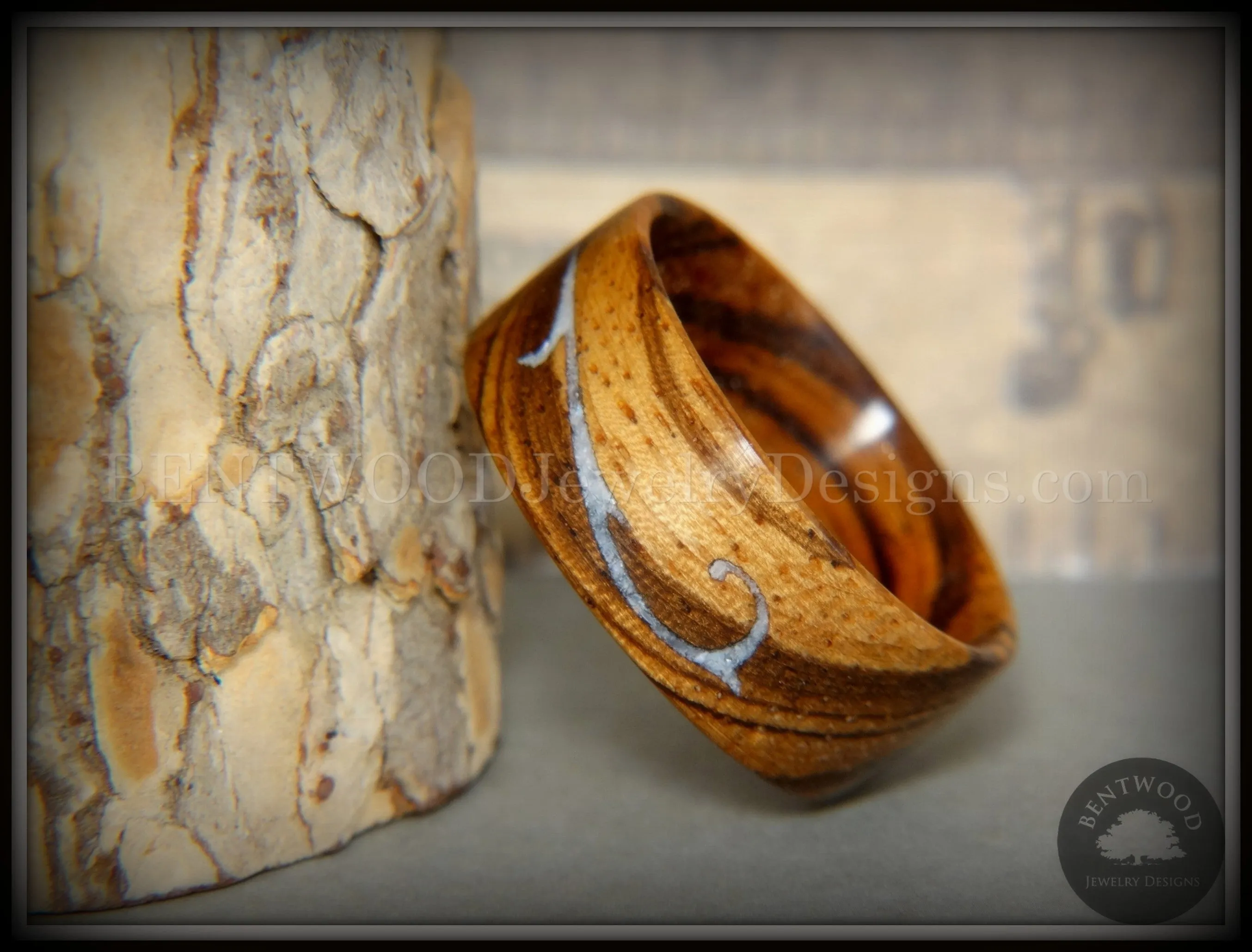 Bentwood Ring - Scroll Zebrawood Ring with Mother of Pearl Inlay