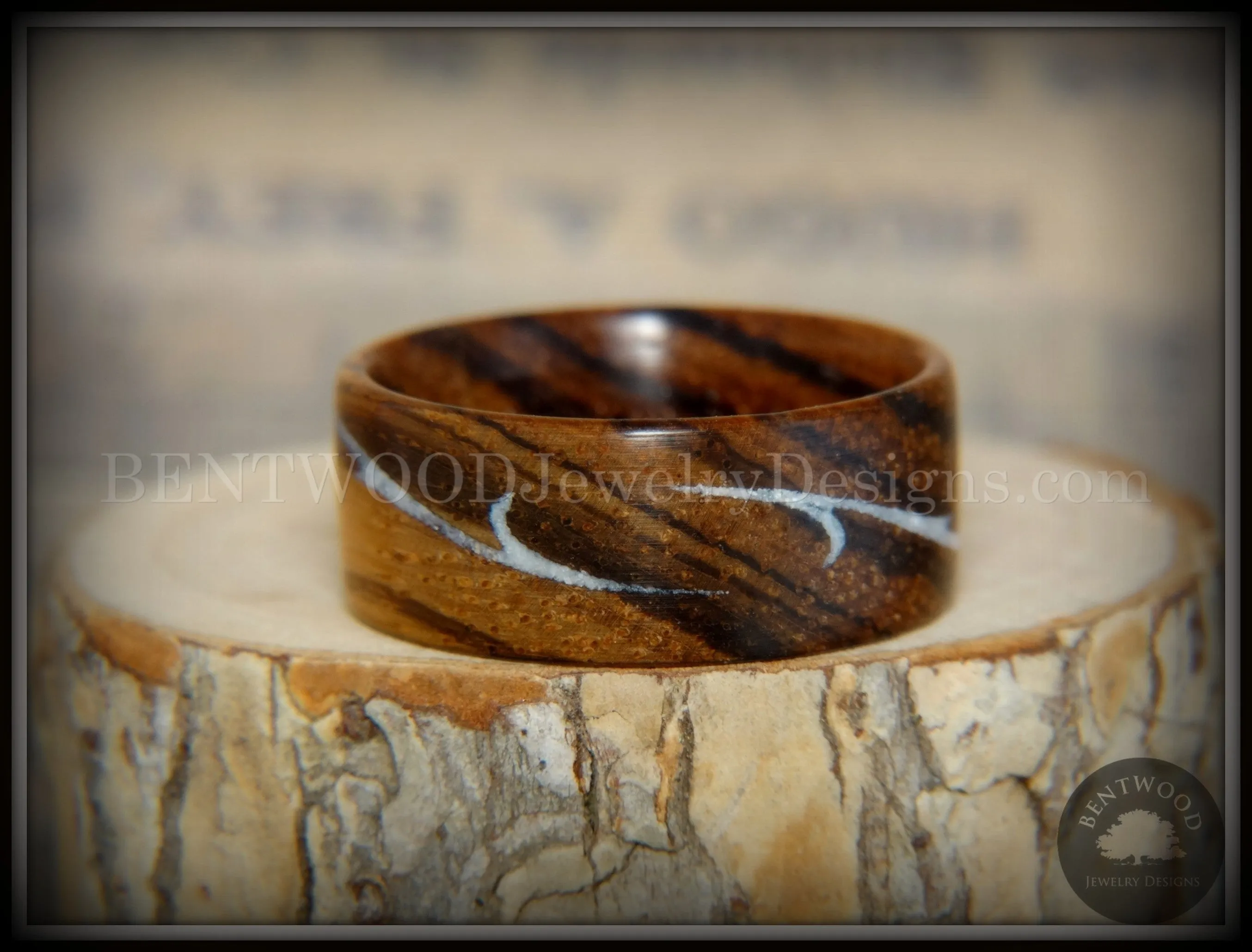 Bentwood Ring - Scroll Zebrawood Ring with Mother of Pearl Inlay