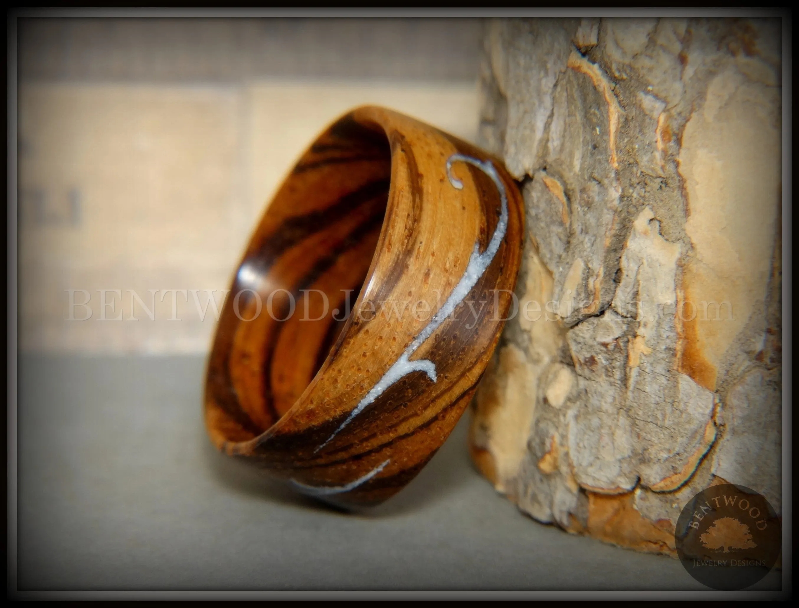 Bentwood Ring - Scroll Zebrawood Ring with Mother of Pearl Inlay