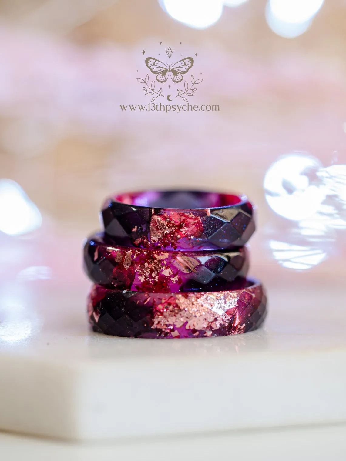 Black and Pink faceted resin ring with pink metallic flakes