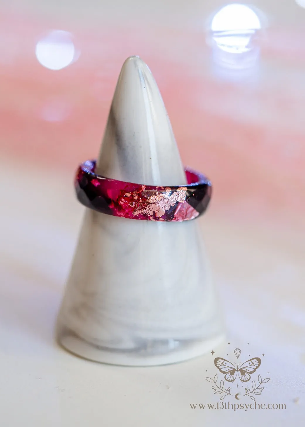 Black and Pink faceted resin ring with pink metallic flakes