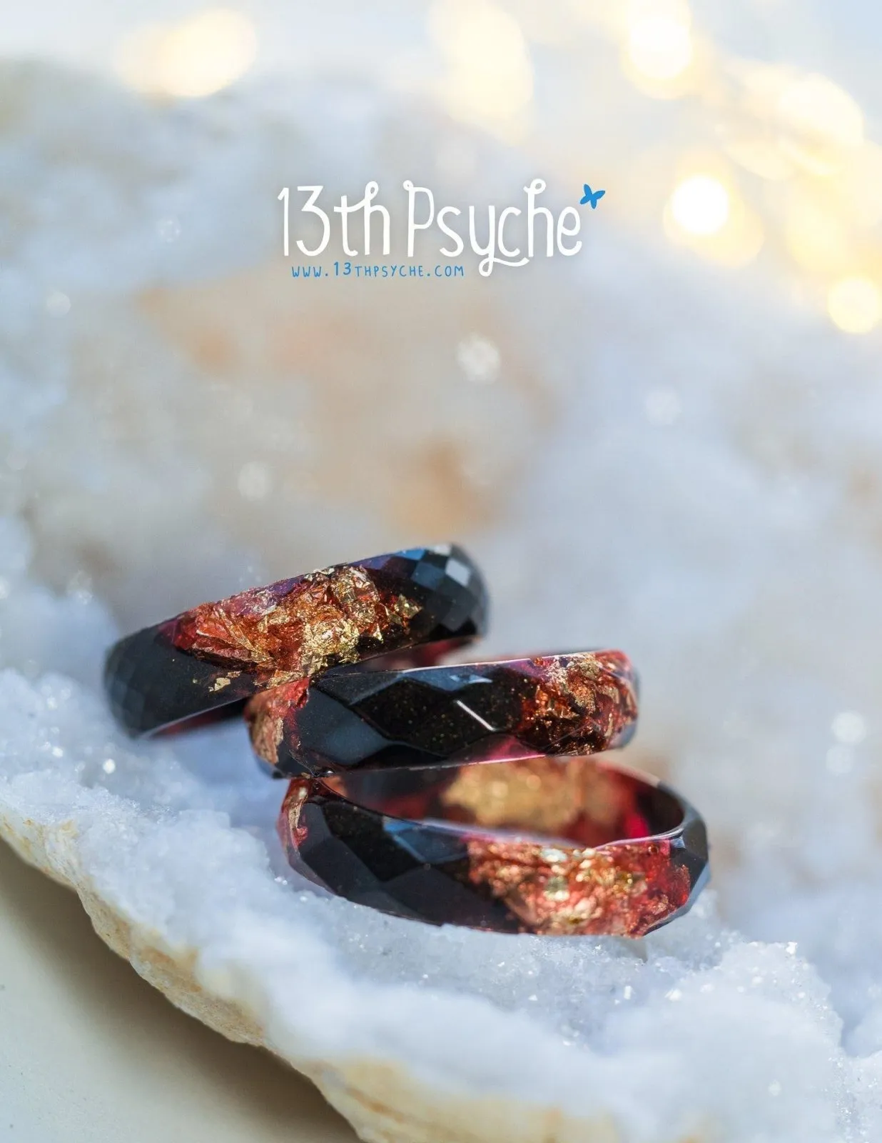 Black and red faceted resin ring with gold flakes