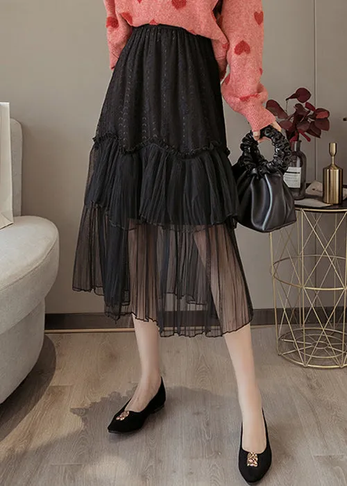 Black Solid Lace Patchwork Chiffon Skirts Elastic Waist AS1041