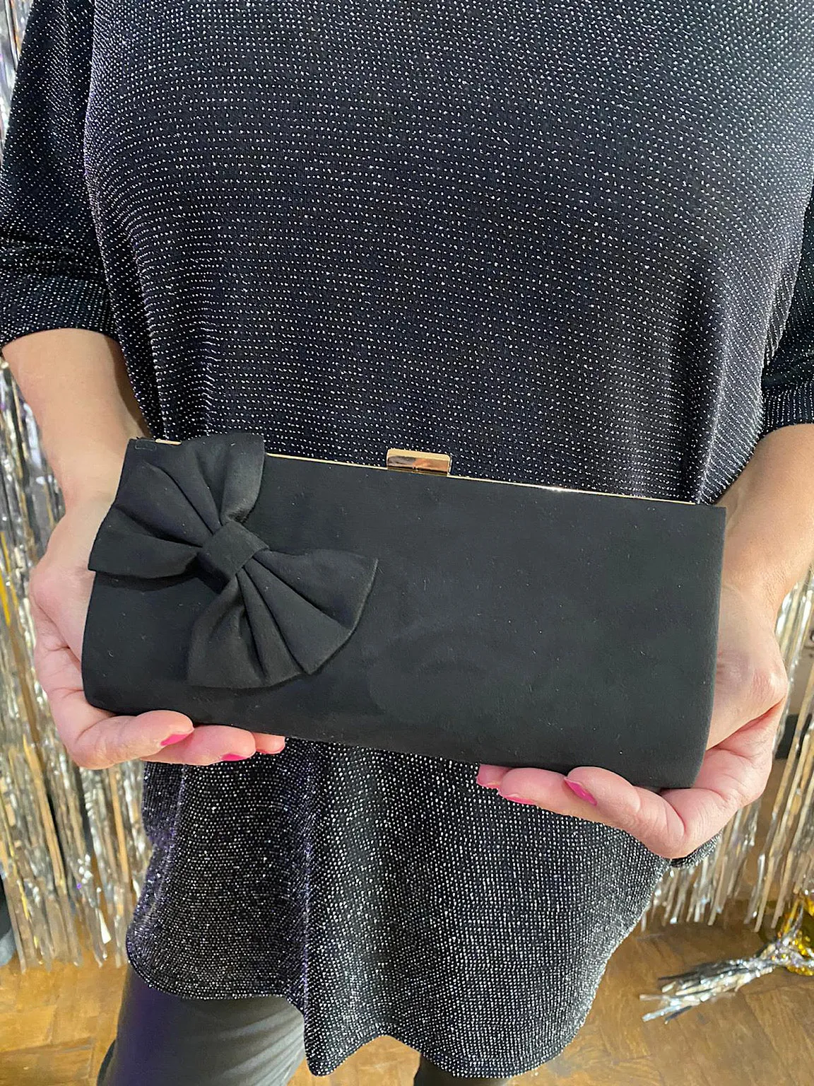 Black Suede Bow Clutch Bag