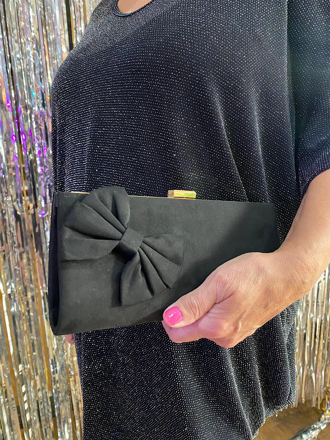 Black Suede Bow Clutch Bag