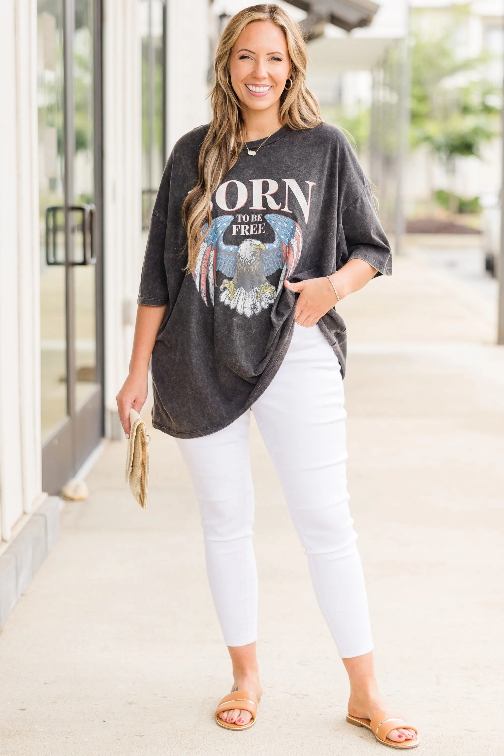 Born to be Wild & Free Acid Wash Boyfriend Tee, Ash Black