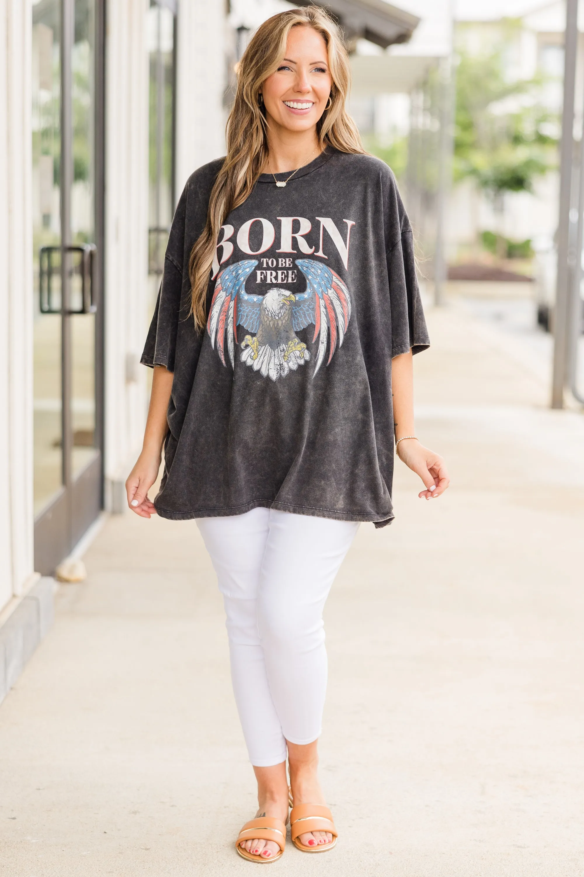 Born to be Wild & Free Acid Wash Boyfriend Tee, Ash Black