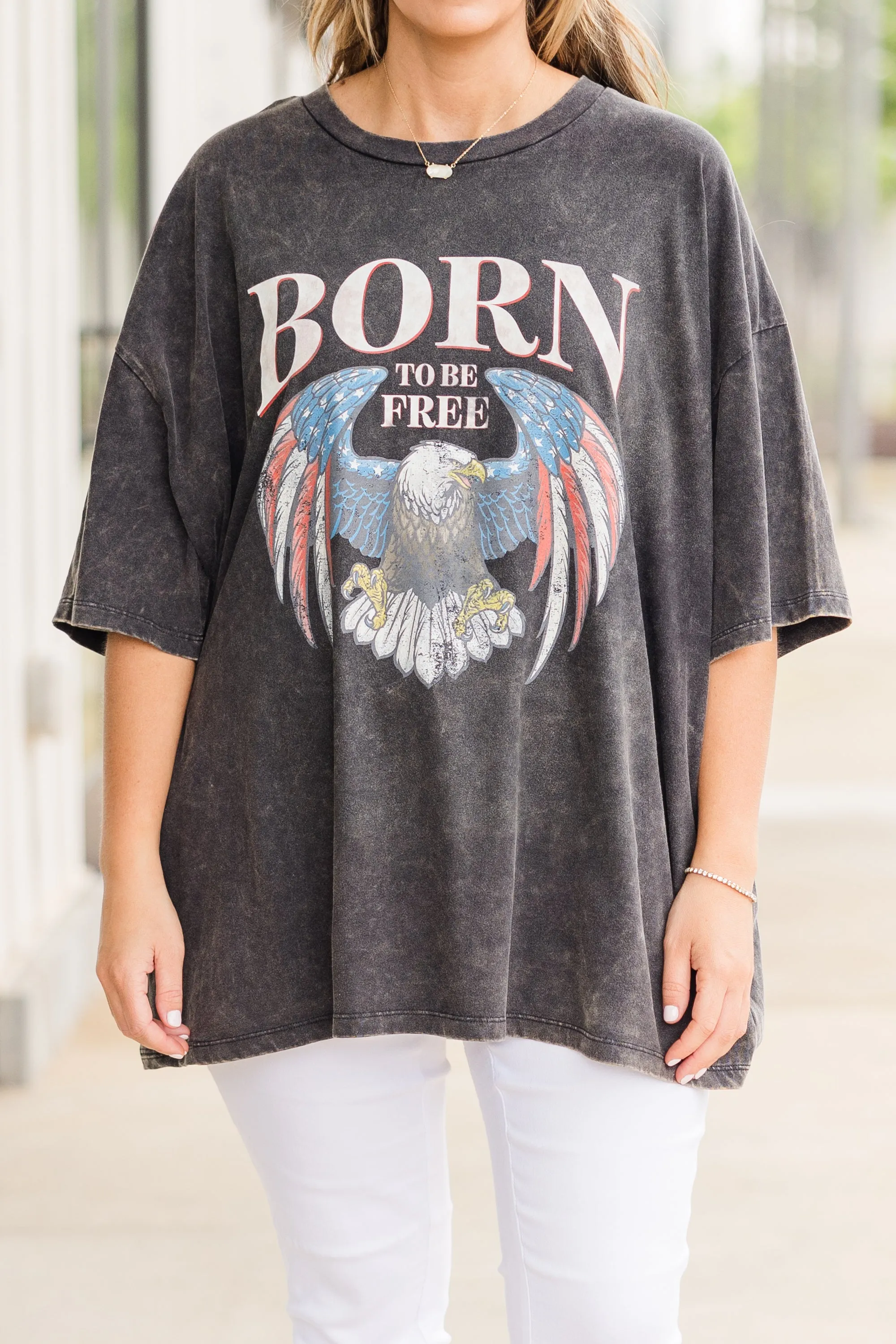 Born to be Wild & Free Acid Wash Boyfriend Tee, Ash Black