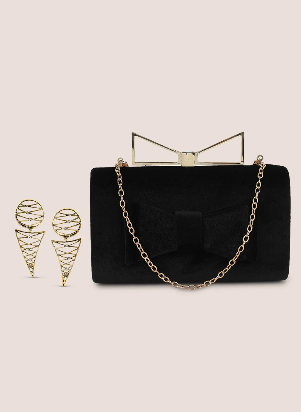 Bow Clutch Bag With Gold Earring Set