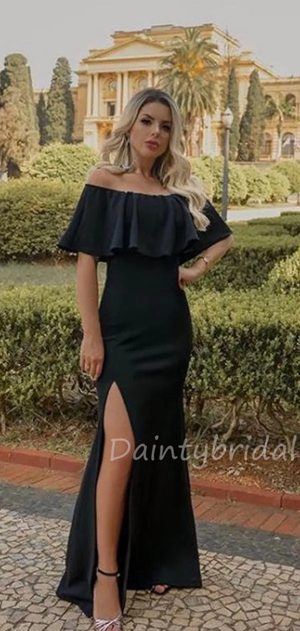 Charming Off-shoulder Mermaid Satin Side Slit Long Prom Dresses Evening Dresses.DB10435