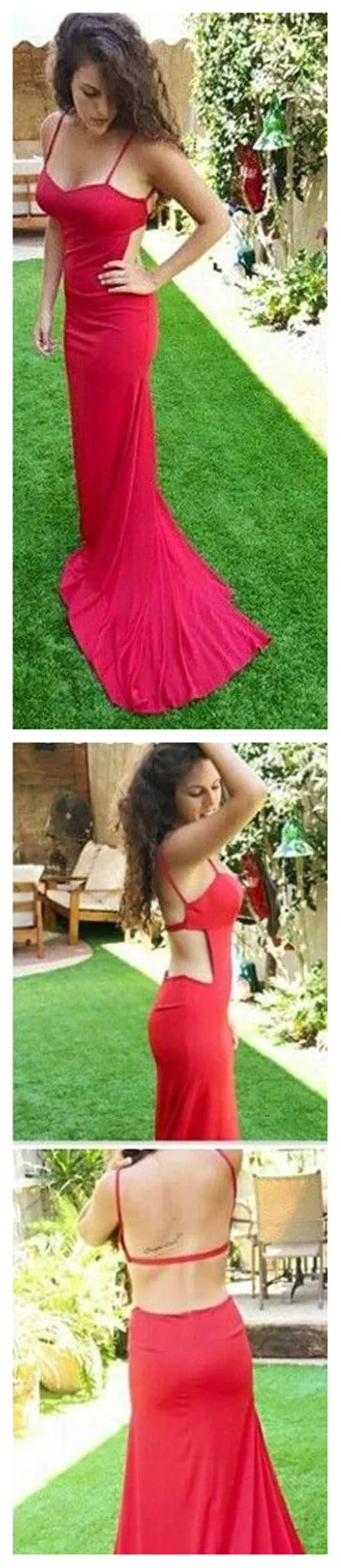 Cheap New Arrival Red Spaghetti Straps Sweetheart Unique Backless Evening Party Prom Dress,PD0064