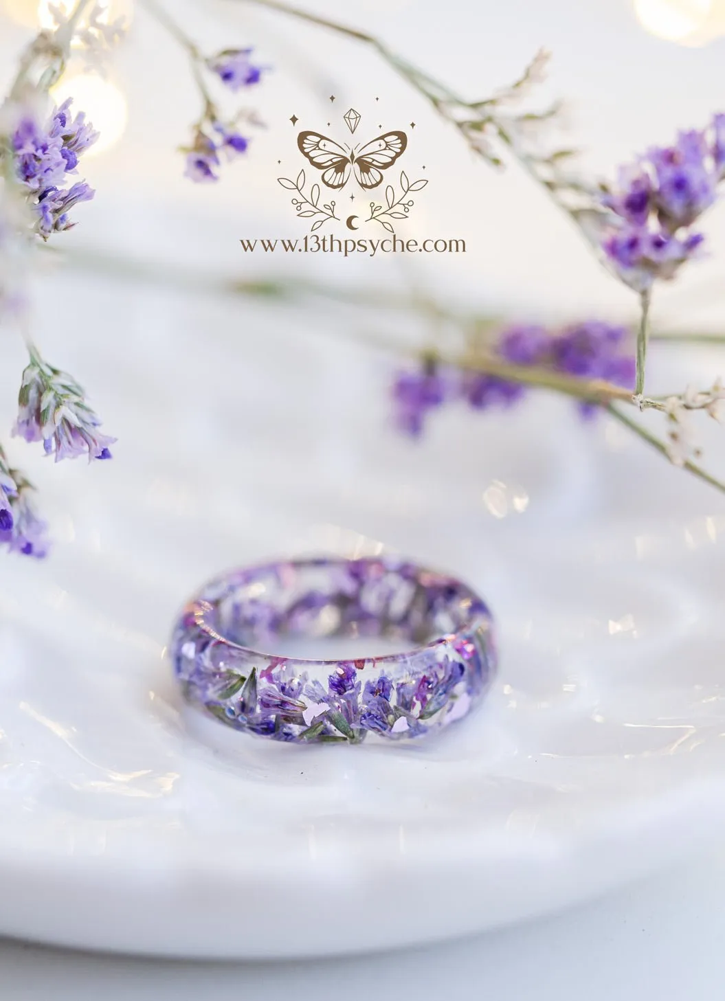 Clear Resin ring with dried lilac flowers