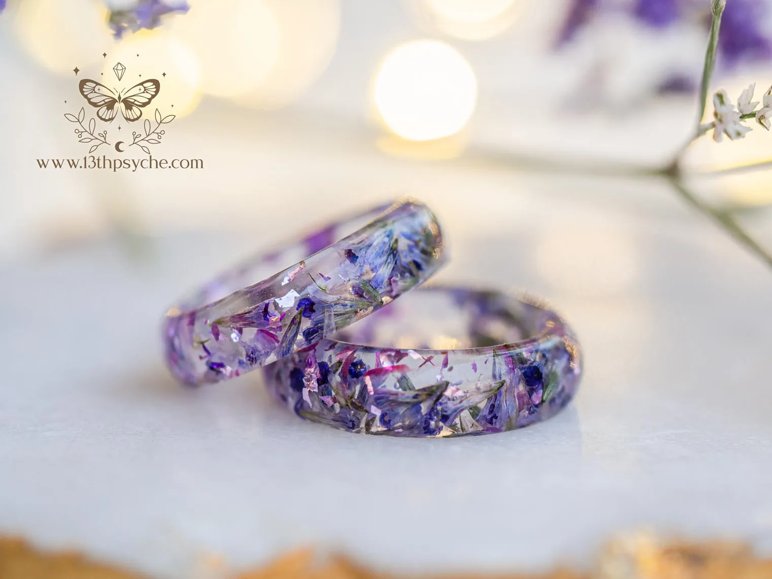 Clear Resin ring with dried lilac flowers