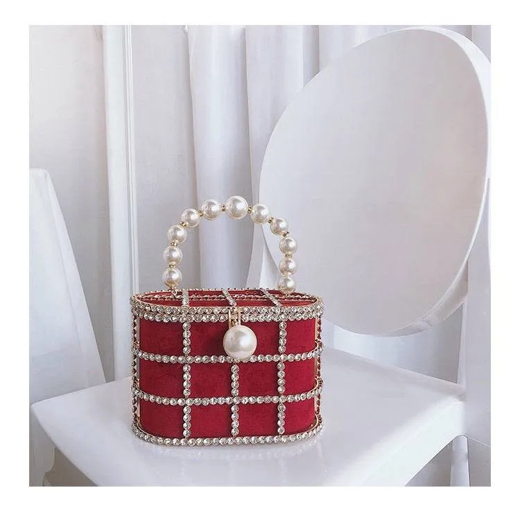 Crystallized Cage Pearl Handle Clutch