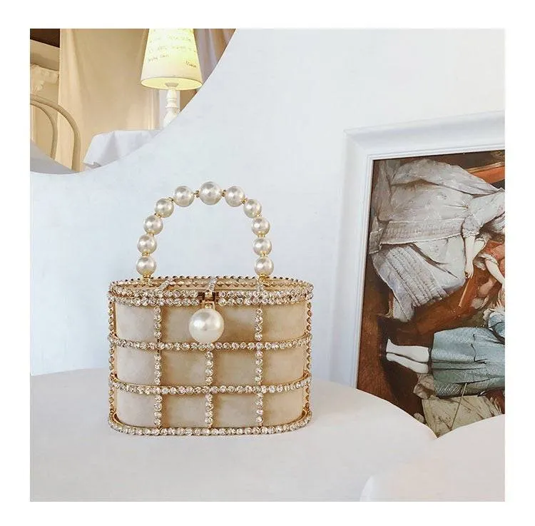 Crystallized Cage Pearl Handle Clutch