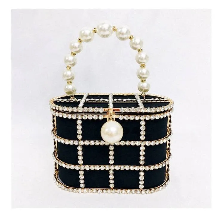 Crystallized Cage Pearl Handle Clutch