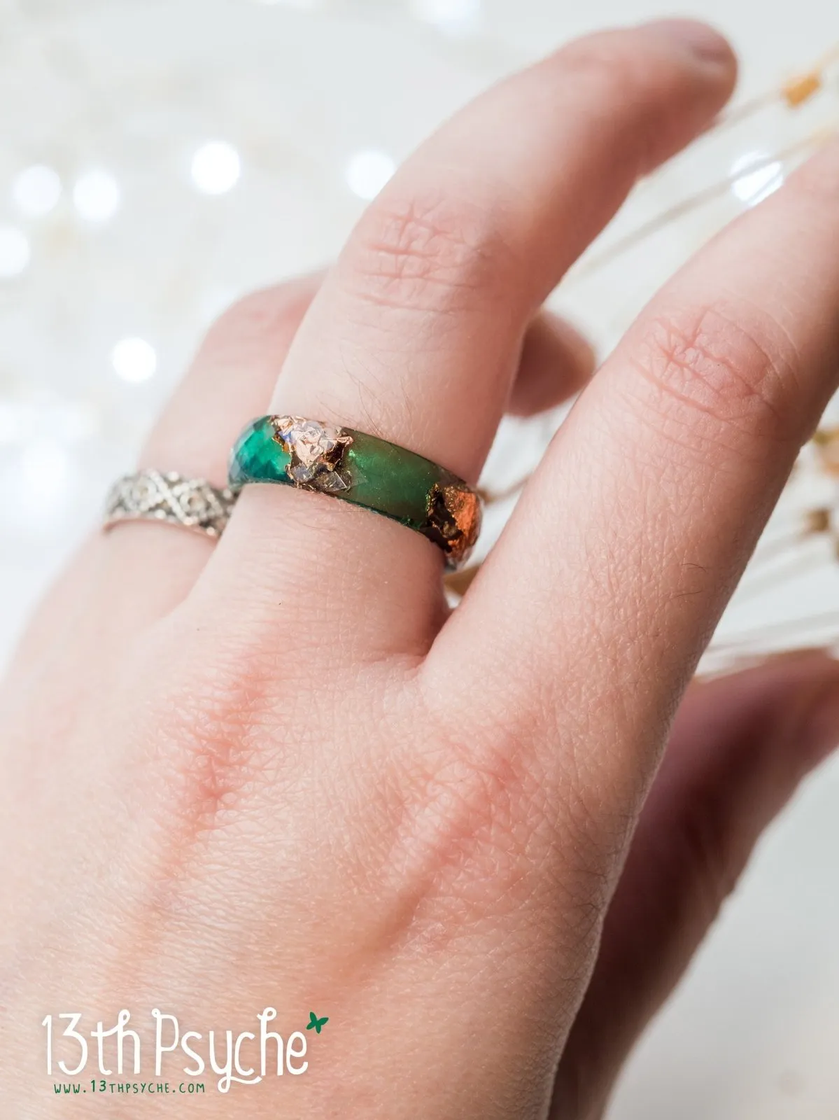 Dark green and rose gold flakes faceted resin ring