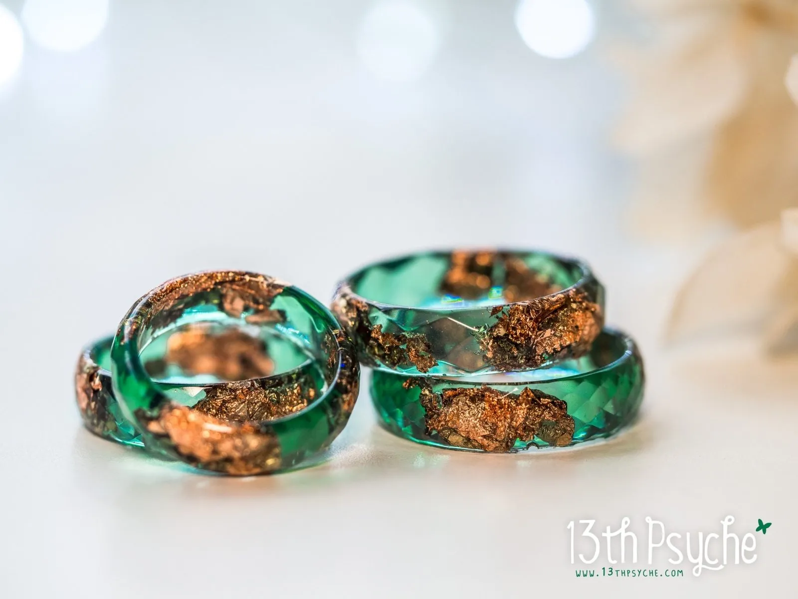 Dark green and rose gold flakes faceted resin ring