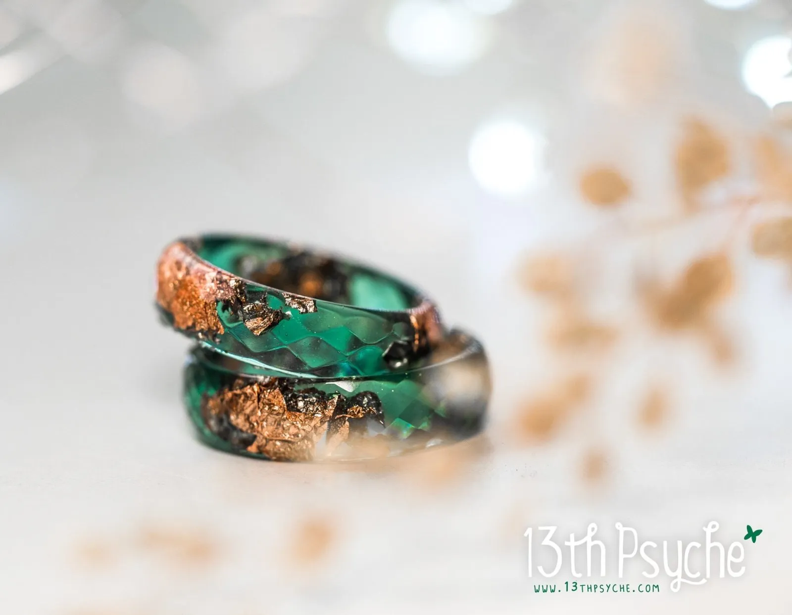 Dark green and rose gold flakes faceted resin ring