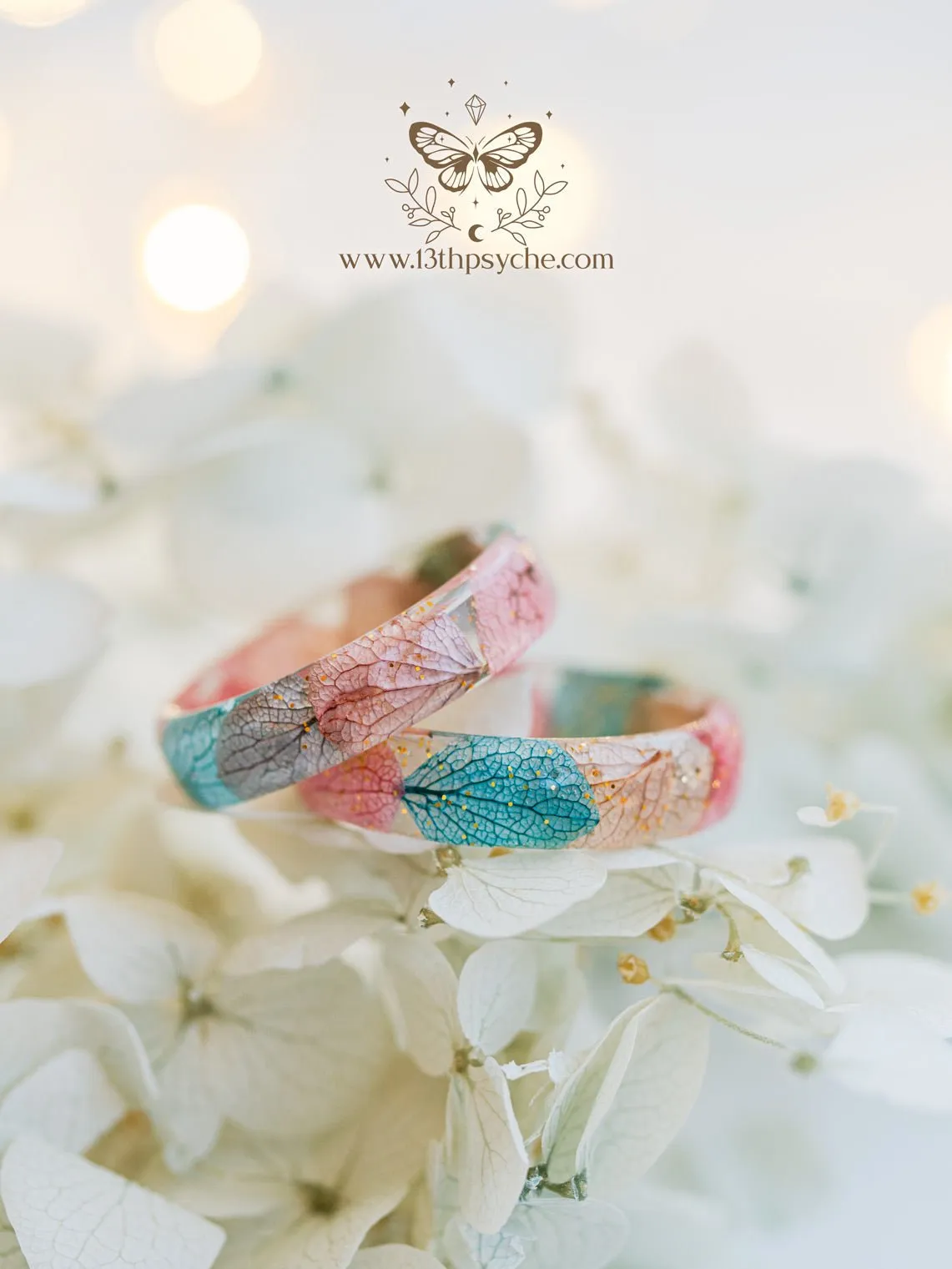 Dried Hydrangea flower petal resin ring