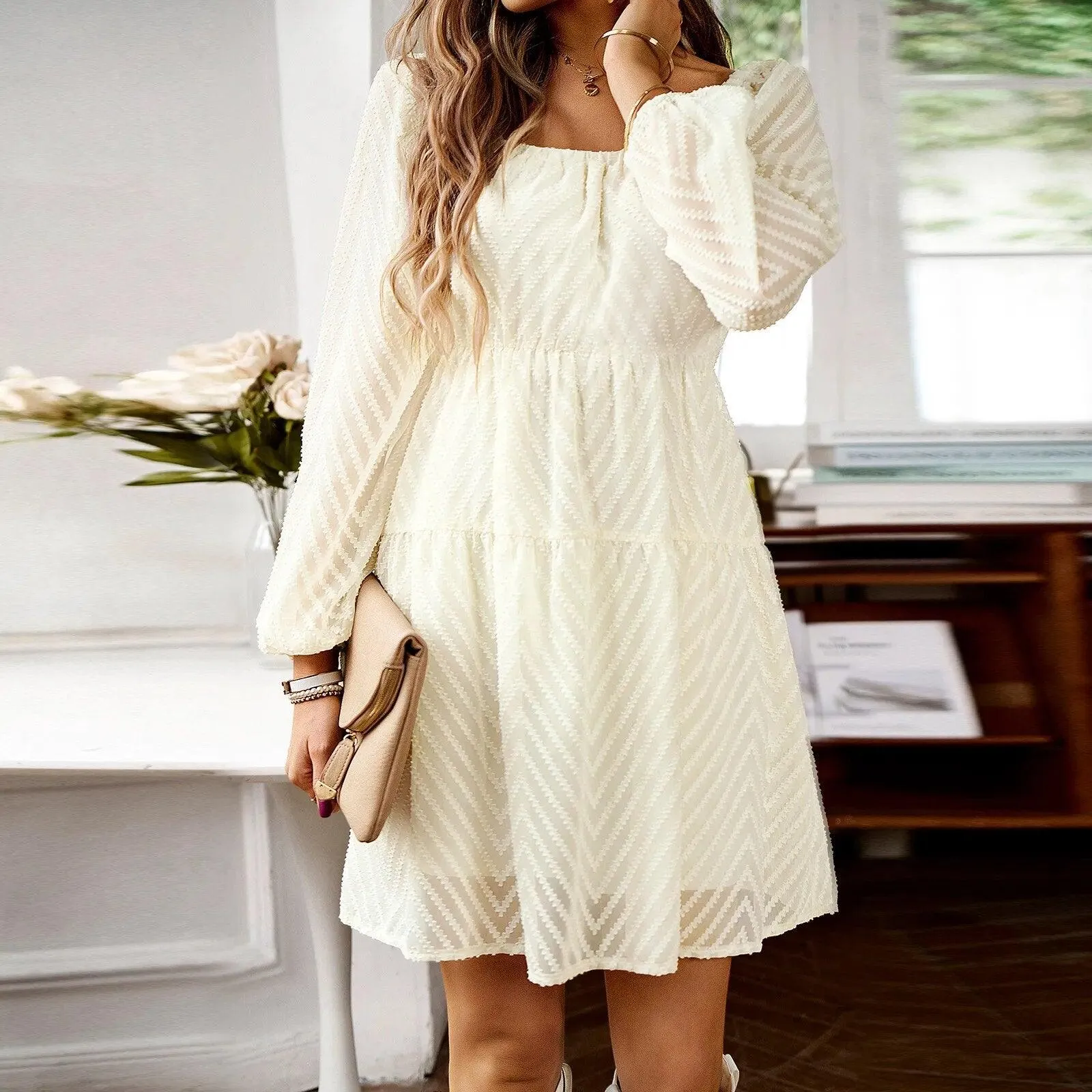 Elegant Chiffon A Line Slash Neck Sheer Fairycore Mini Dress