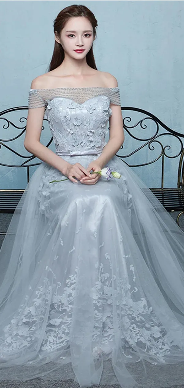 Elegant Grey Off Shoulder Beading Lace Appliques Vintage Lace Up A-line Long Prom Dresses. DB1028