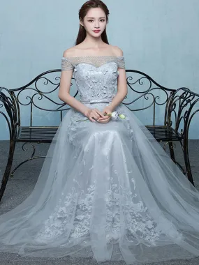 Elegant Grey Off Shoulder Beading Lace Appliques Vintage Lace Up A-line Long Prom Dresses. DB1028