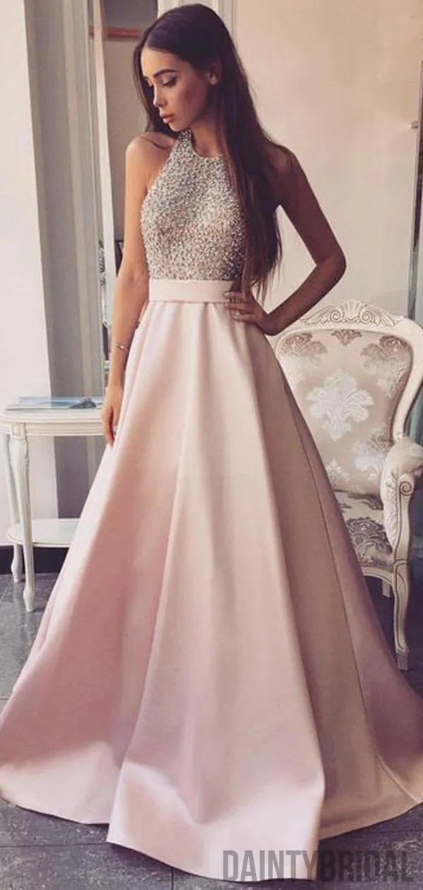 Elegant Halter Neck Sleeveless Satin With Beads Long Prom Dresses.DB10114