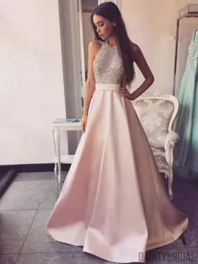 Elegant Halter Neck Sleeveless Satin With Beads Long Prom Dresses.DB10114