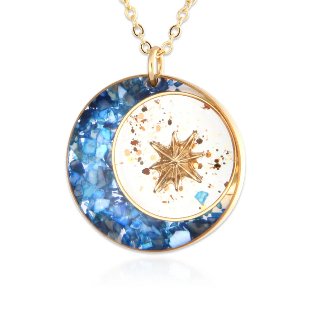 Epoxy Mother of Pearl 14K Gold Plated Crescent Moon and Star Necklace