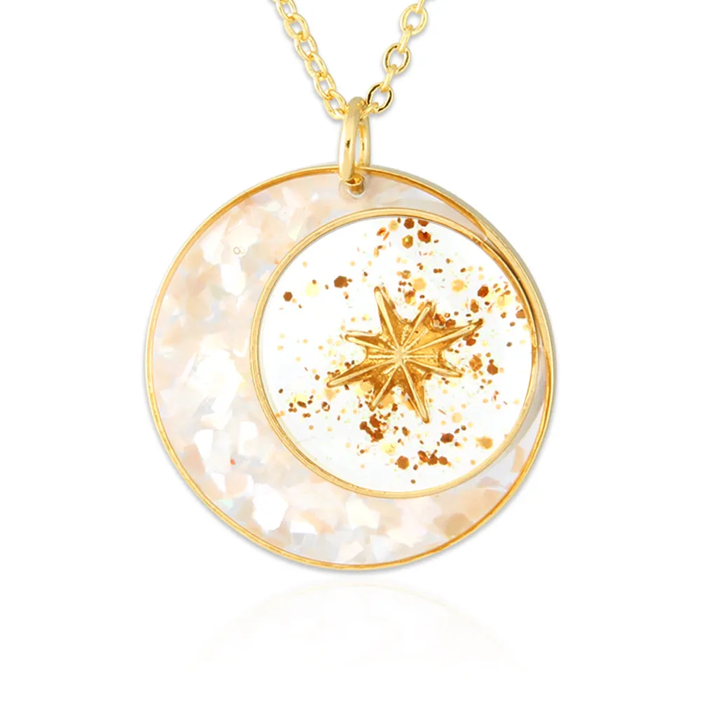 Epoxy Mother of Pearl 14K Gold Plated Crescent Moon and Star Necklace