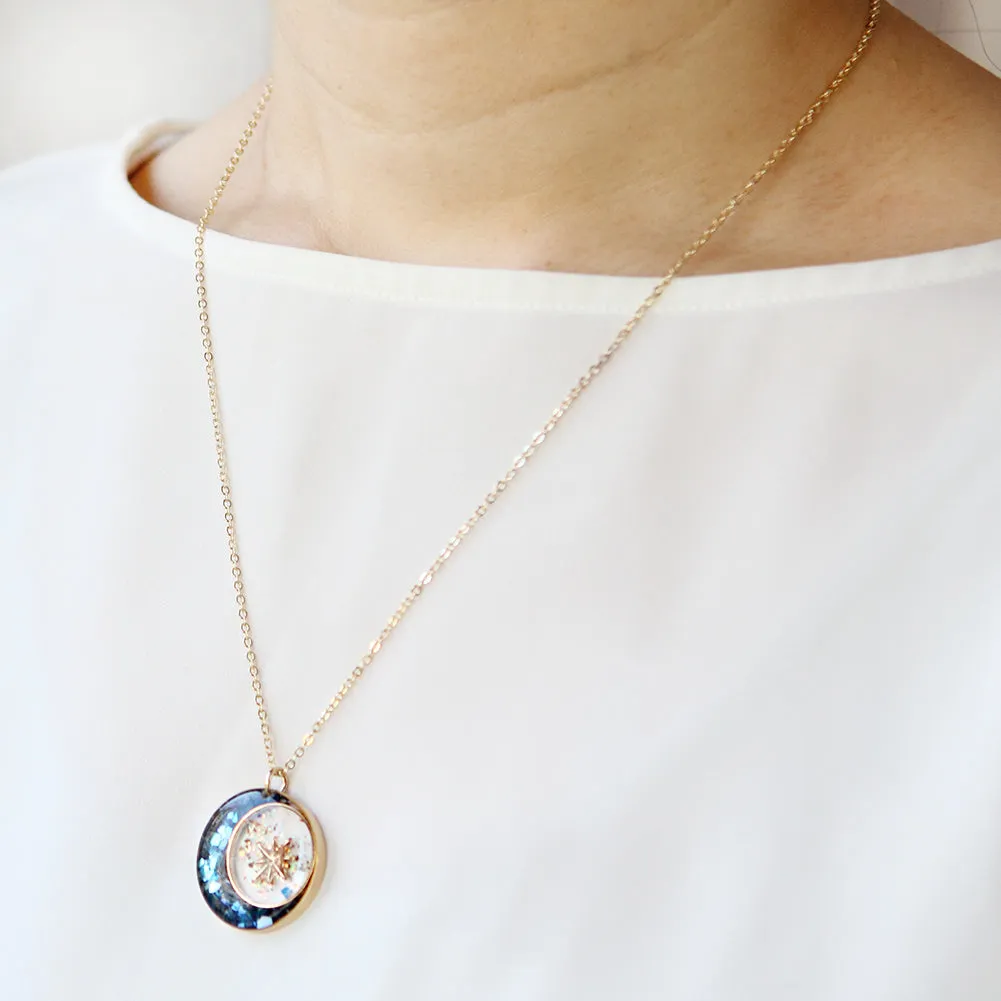 Epoxy Mother of Pearl 14K Gold Plated Crescent Moon and Star Necklace