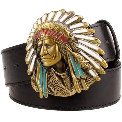 Fashion men belt indian head buckle west cowboy belt for men punk rock belts