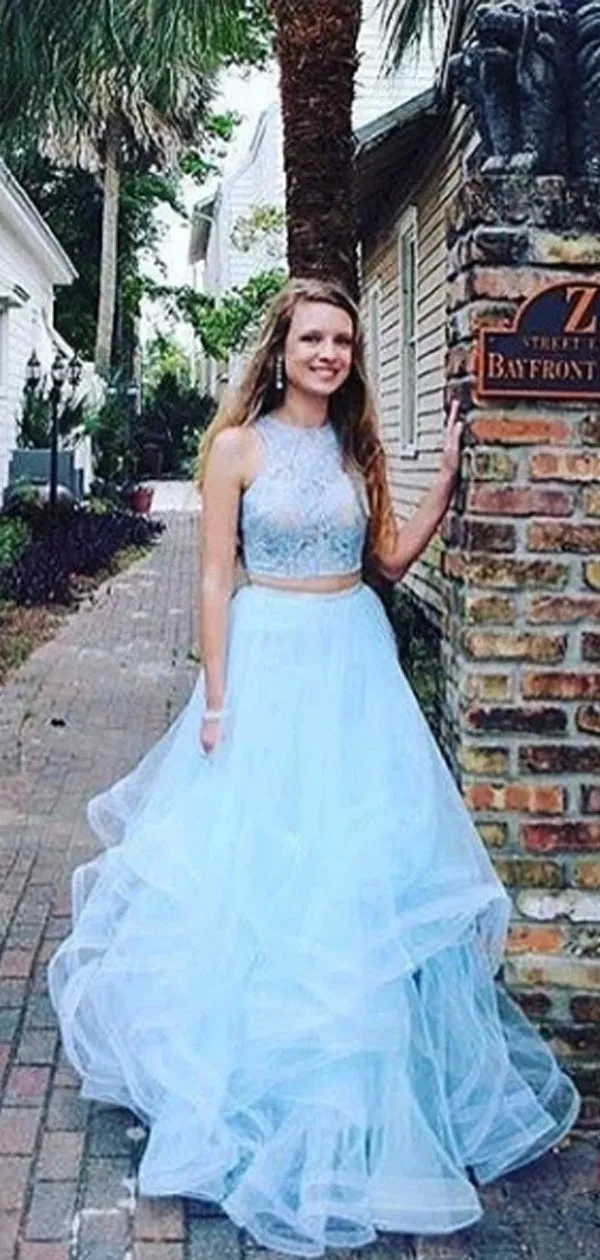 Fashion Two Pieces Blue Lace Round Neck Sleeveless Ruffles A-line For Teens Prom Gown Dresses. DB1031